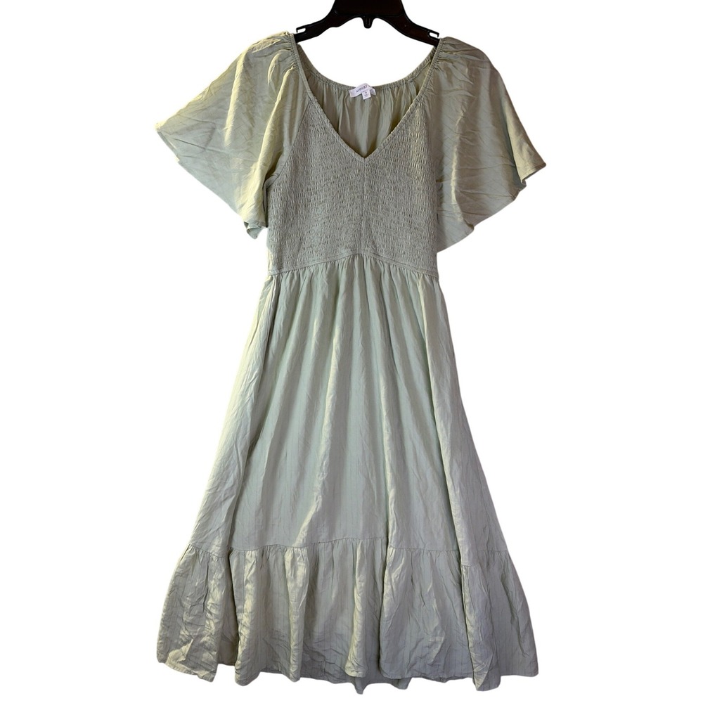 August Sky Midi Dress Womens Small Sage Green Smocked Flutter Sleeve Tiered NWOT
